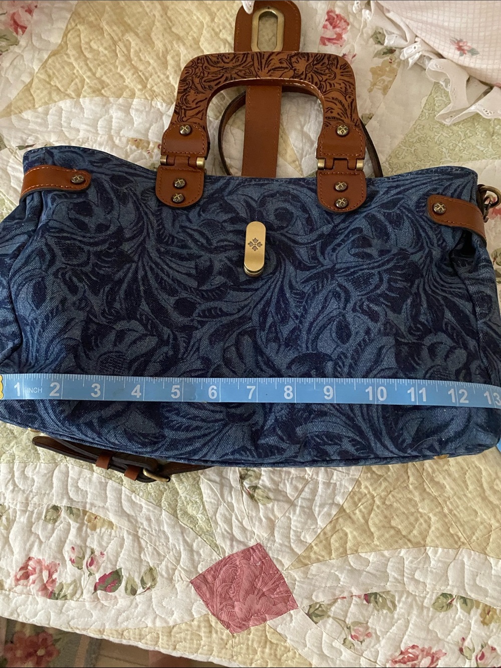Patricia Nash Navy Floral Jacquard Tote with Brown Leather Trim - Picture 5 of 6
